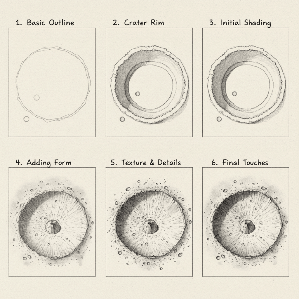 Step-by-step guide for drawing a realistic crater: outline, rim, shading, and texture. Perfect for artists seeking drawing techniques.