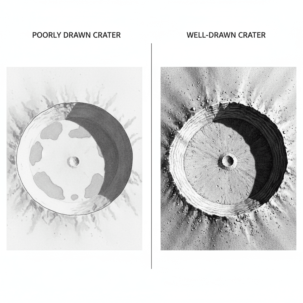 Comparison of poorly drawn crater vs. well-drawn crater, highlighting differences in detail and shading techniques.
