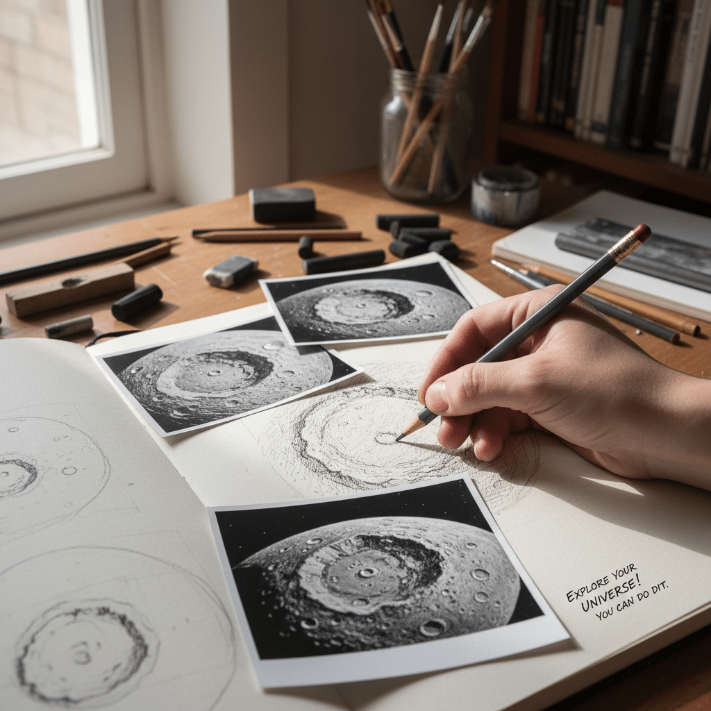 Artist sketching lunar craters inspired by photos, featuring pencils and erasers on a desk near a window, with a motivational note.