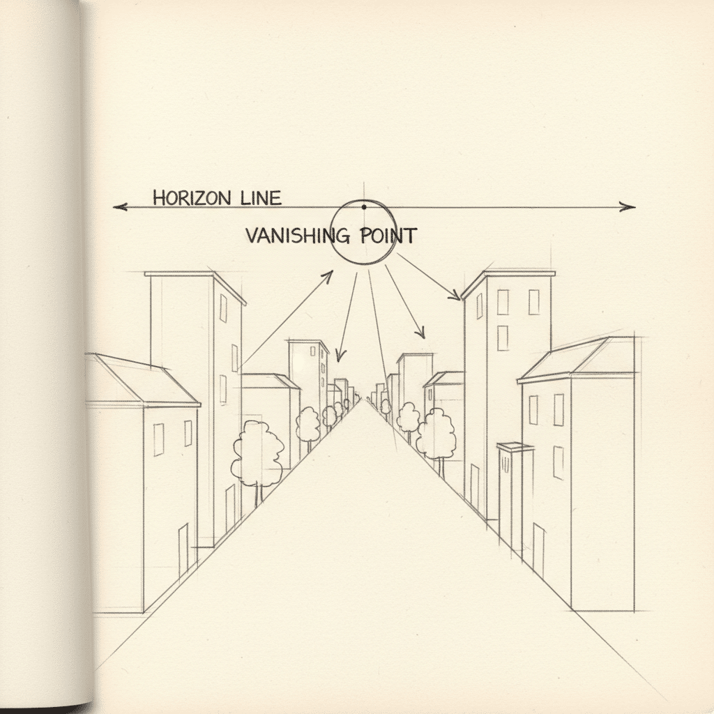 image Line drawing illustrating one-point perspective with buildings, trees, horizon line, and vanishing point for art and design instruction. | Sky Rye Design Line drawing illustrating one-point perspective with buildings, trees, horizon line, and vanishing point for art and design instruction.