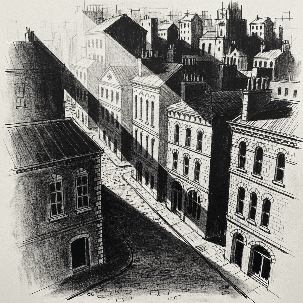 image Black and white illustration of a historic urban street with tall buildings casting dramatic shadows. | Sky Rye Design Black and white illustration of a historic urban street with tall buildings casting dramatic shadows.