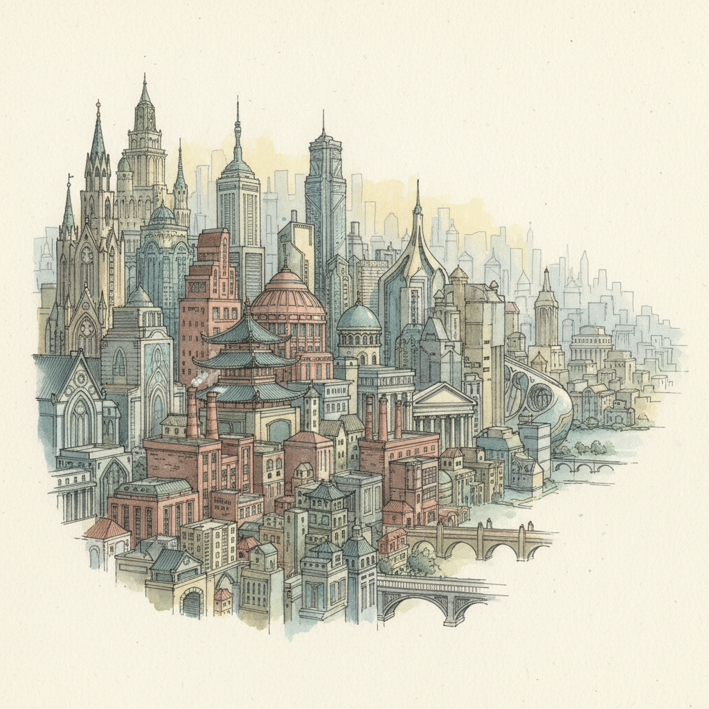 image Illustrated cityscape featuring a blend of global architectural styles, including modern skyscrapers and historic buildings. | Sky Rye Design Illustrated cityscape featuring a blend of global architectural styles, including modern skyscrapers and historic buildings.
