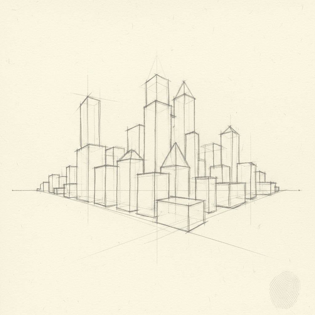 image Sketch of a city skyline in perspective, featuring various geometric building shapes on a light background. Ideal for architecture concepts. | Sky Rye Design Sketch of a city skyline in perspective, featuring various geometric building shapes on a light background. Ideal for architecture concepts.