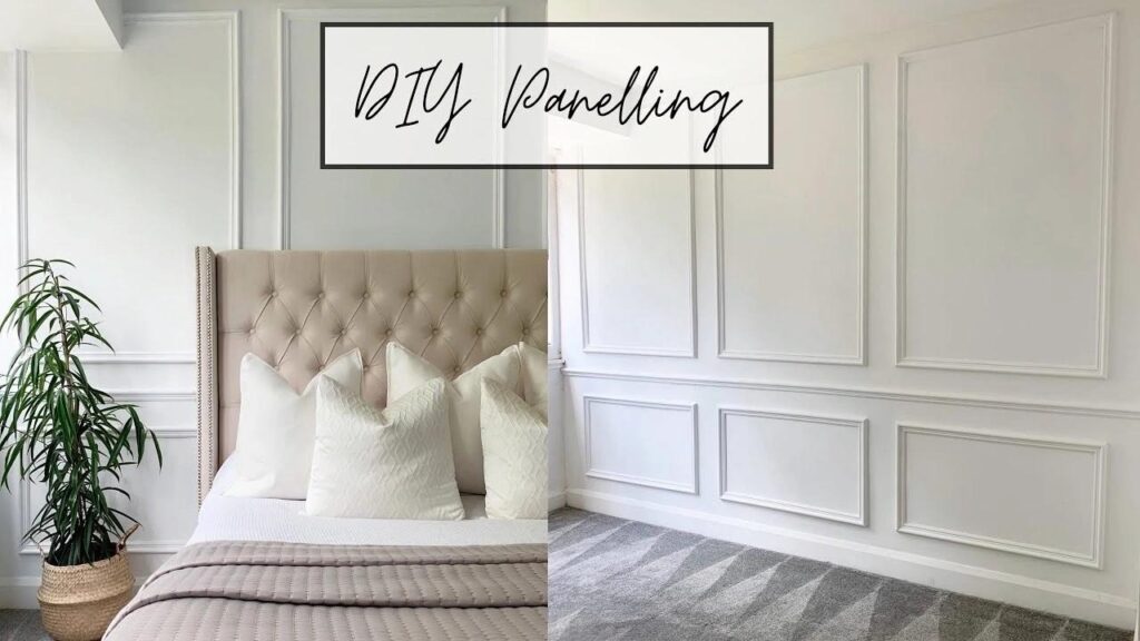DIY wall paneling in a cozy bedroom with tufted headboard, white pillows, and green plant, showcasing elegant interior design.