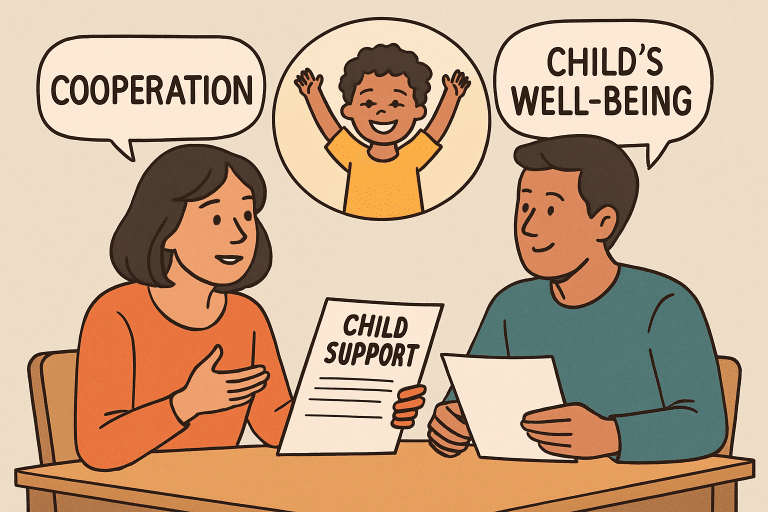 Parents discussing child support, emphasizing cooperation and child's well-being with smiling child illustration in background.
