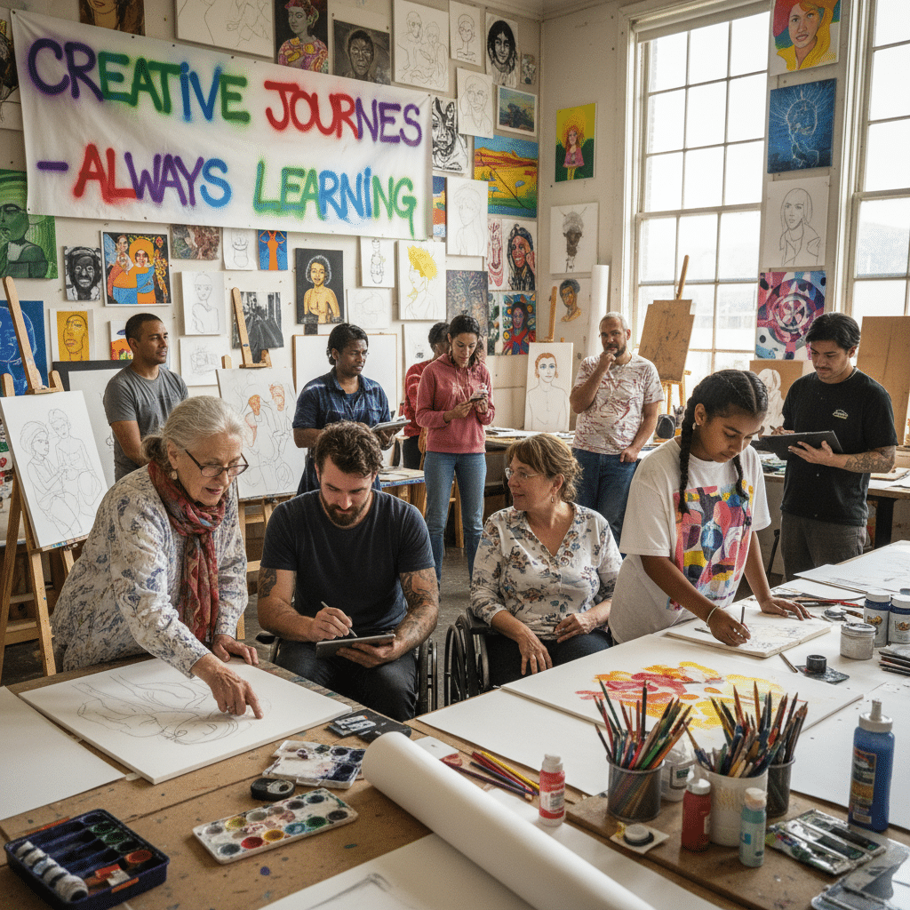 image Art class engages diverse group in creative learning, surrounded by colorful artwork, under banner reading Creative Journeys - Always Learning. | Sky Rye Design Art class engages diverse group in creative learning, surrounded by colorful artwork, under banner reading Creative Journeys - Always Learning.