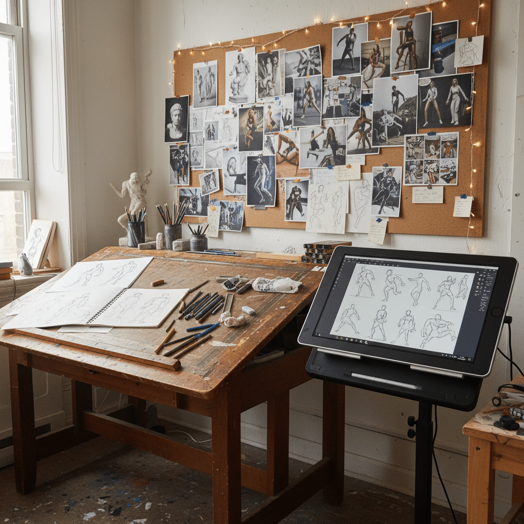 image Artist's studio with a cluttered desk, sketchbooks, pencils, digital tablet, and an inspiration board adorned with reference images and drawings. | Sky Rye Design Artist's studio with a cluttered desk, sketchbooks, pencils, digital tablet, and an inspiration board adorned with reference images and drawings.