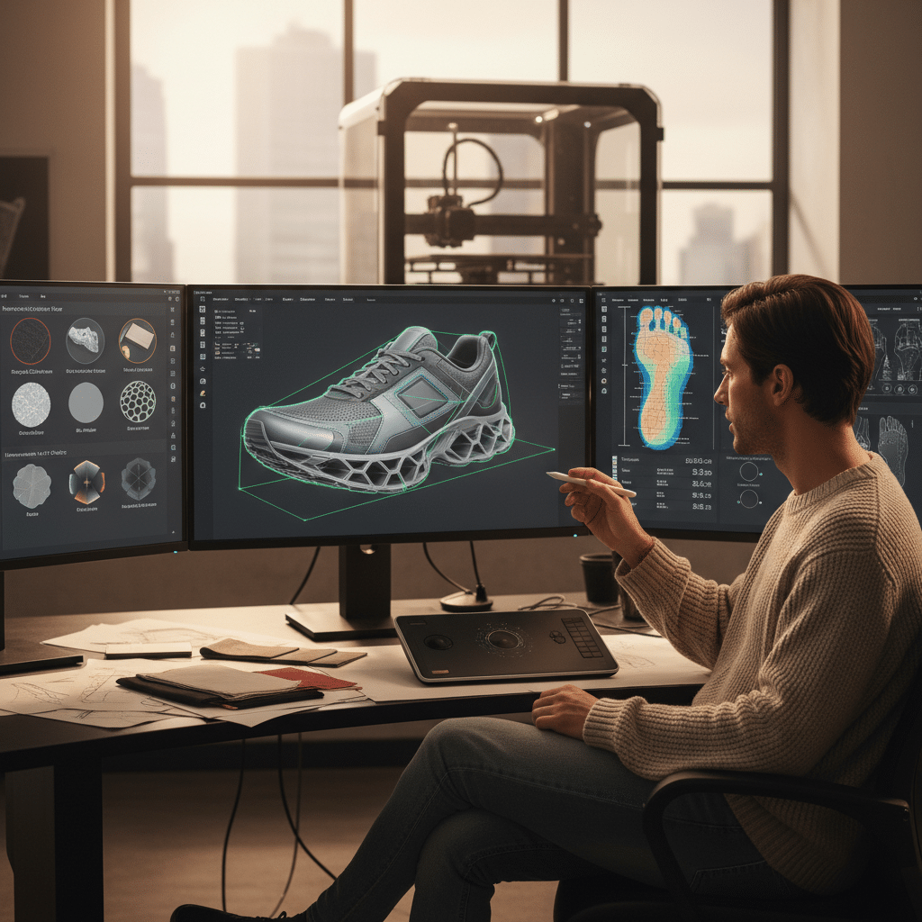 Designer creating 3D model of innovative sneaker with advanced software on multiple monitors in modern workspace.