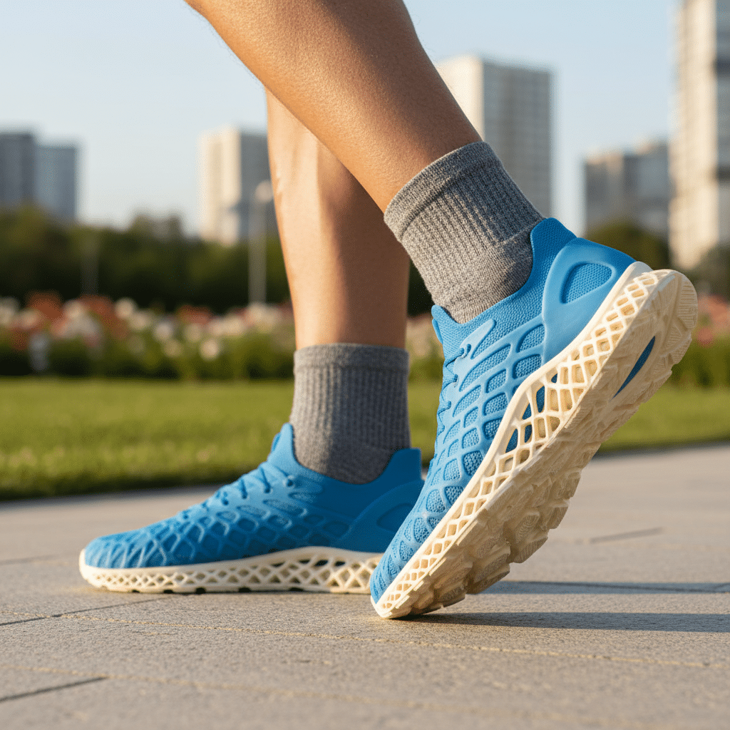 Close-up of person walking in blue sneakers and gray socks on a sunny day in a city park with tall buildings in the background.