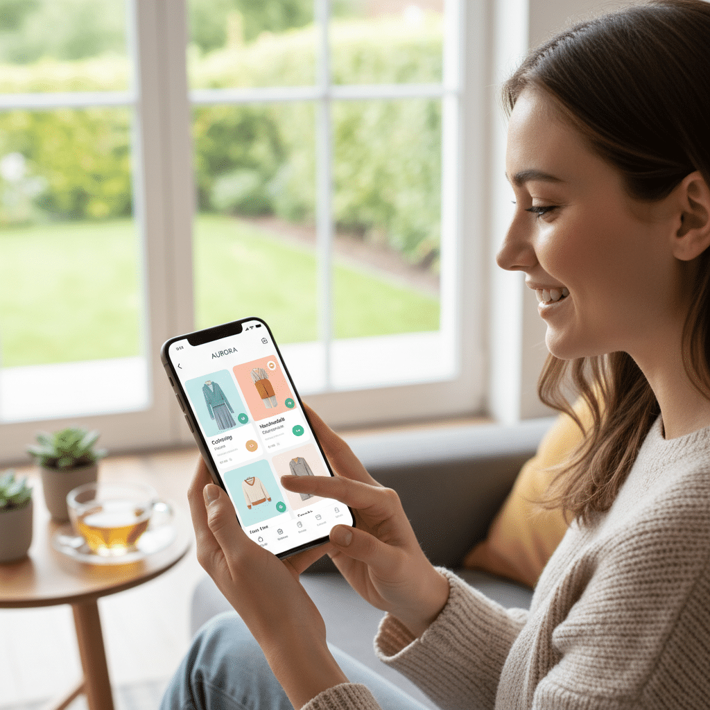 Woman enjoying online shopping on smartphone at home, browsing clothing app with a cup of tea on the table by the window.