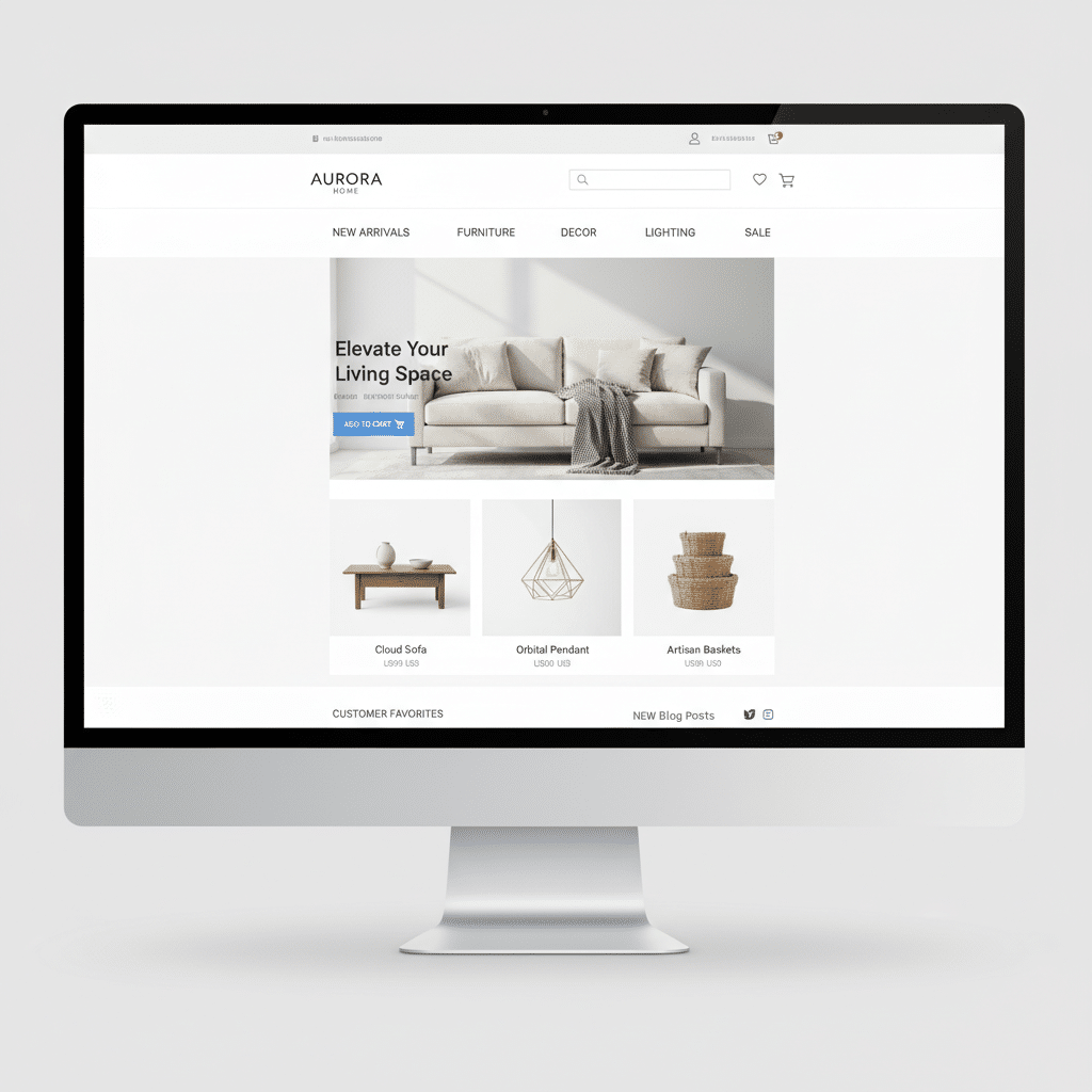 Computer screen displaying an online furniture store homepage featuring sofas, decor items, and sale categories on a sleek interface.