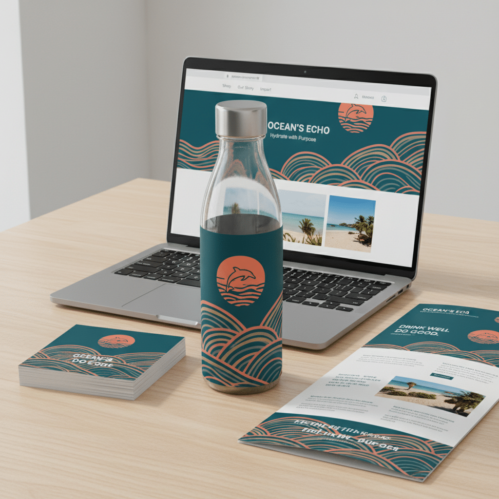 Eco-friendly water brand materials on desk, featuring branded bottle, brochures, and a website on a laptop displaying beach images.