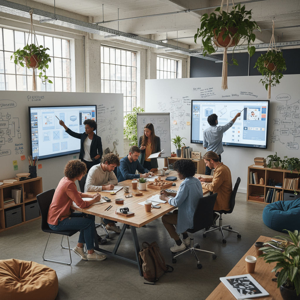 Team brainstorming session in a modern office space with digital whiteboards and creative workspace design.