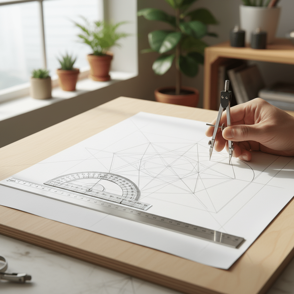 Hand using a compass for geometric drawing on paper, with a protractor and plants in the background, in natural light.