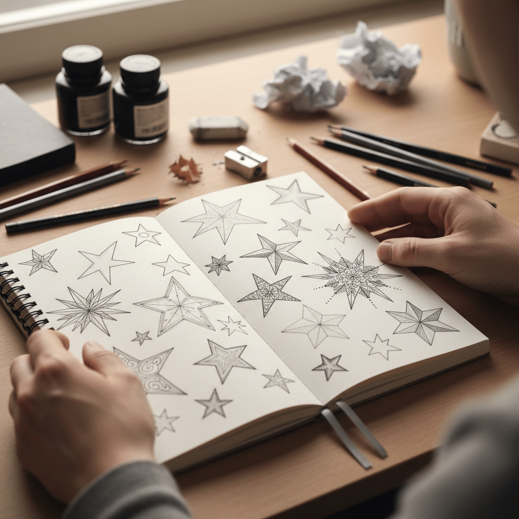 Person sketching various star designs in a notebook, surrounded by pencils and art supplies on a wooden table.