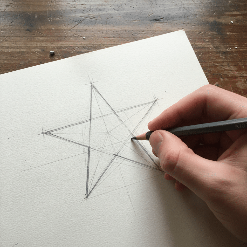 Hand drawing a geometric star on paper, using a pencil, on a wooden table background.