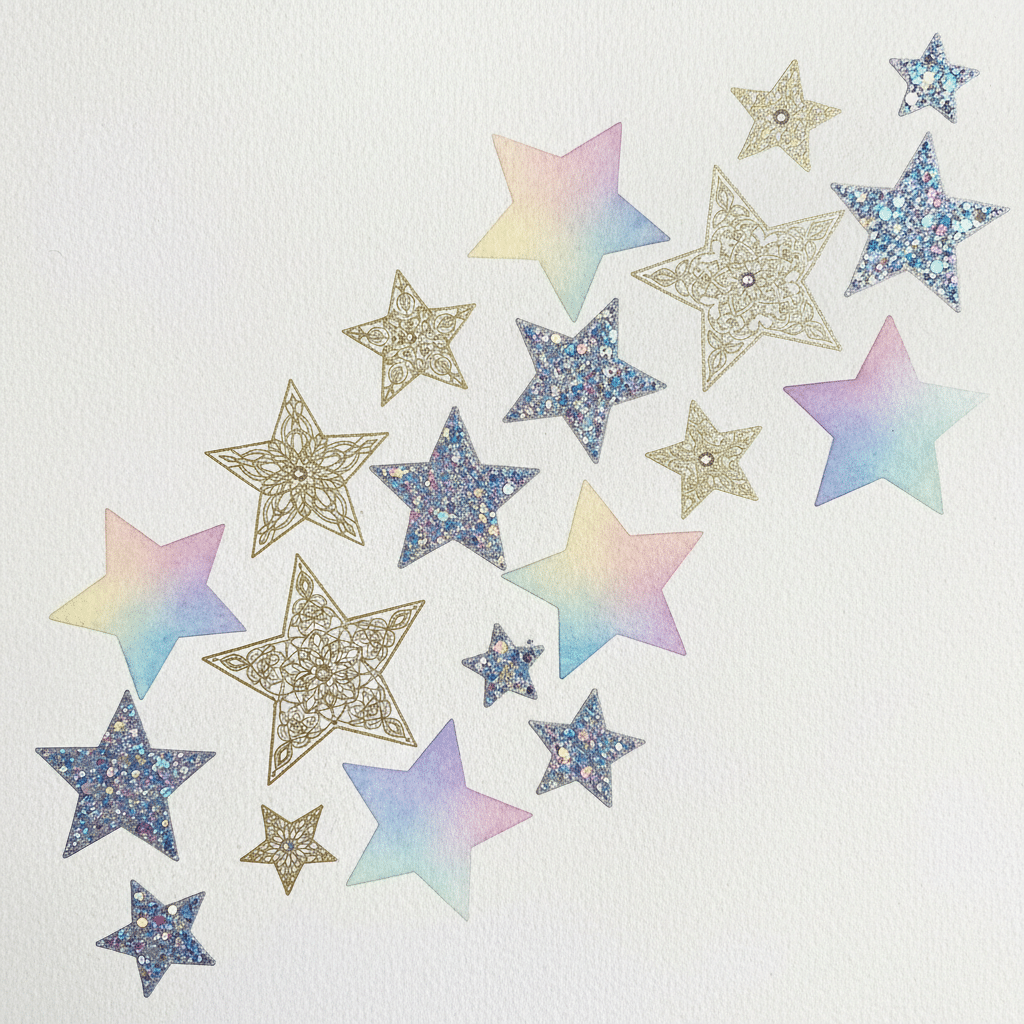 Colorful gradient and glitter stars arranged in an artistic pattern on a white background. Perfect for festive and creative designs.