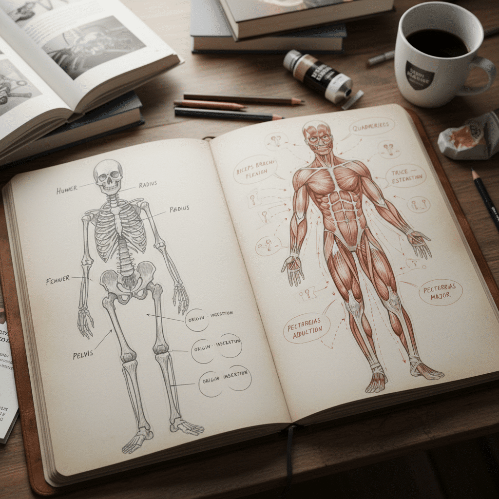 Illustration of human anatomy in open sketchbook, featuring skeletal and muscular systems on a wooden desk beside a cup of coffee.