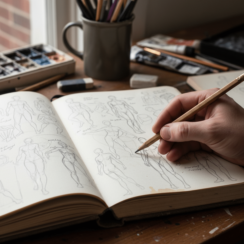 Artist sketching human figures in a notebook, surrounded by drawing tools and a paint palette on a wooden desk by a window.