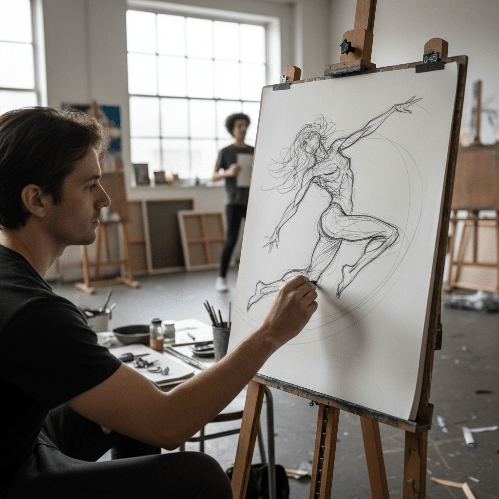 Artist sketching a dynamic figure on canvas in a studio, with a large window and another person in the background.