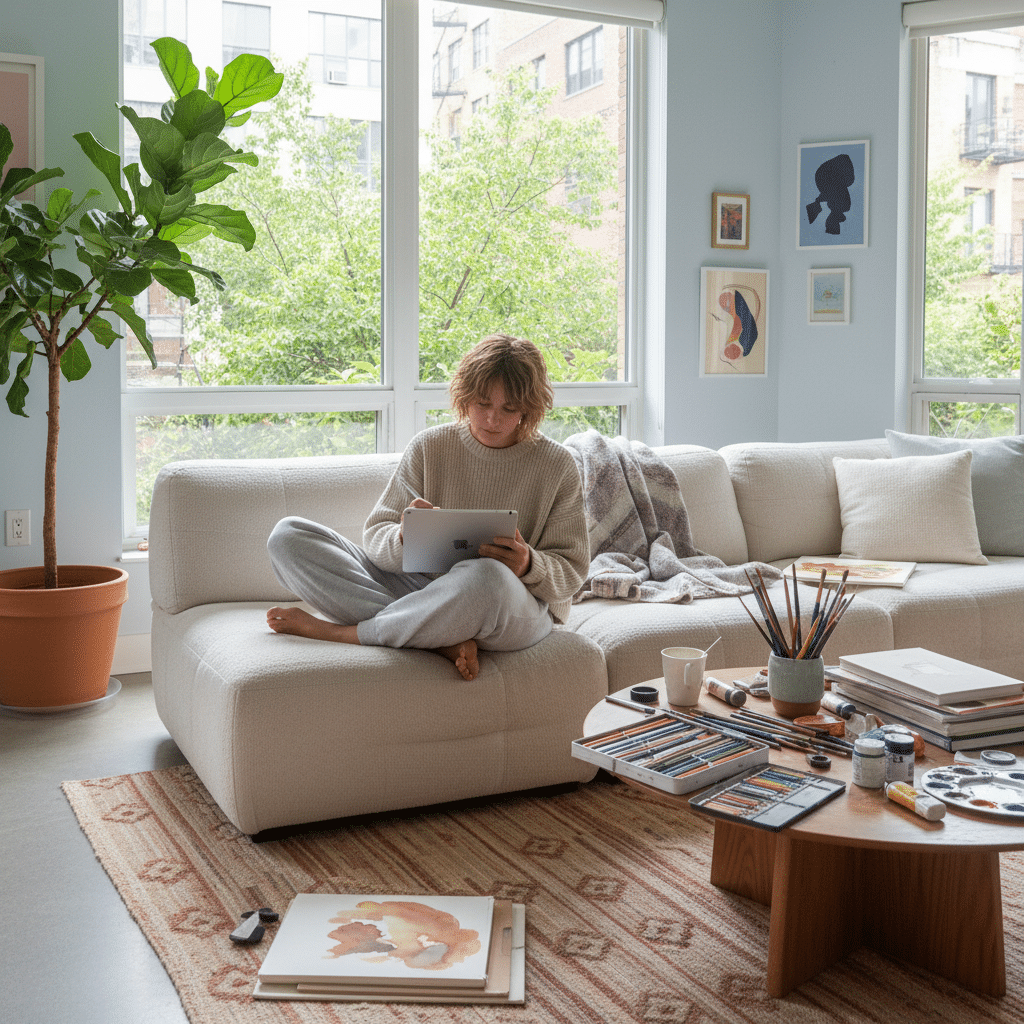 image Person sitting on cozy sofa, drawing on tablet, surrounded by art supplies in bright, stylish living room. | Sky Rye Design Person sitting on cozy sofa, drawing on tablet, surrounded by art supplies in bright, stylish living room.