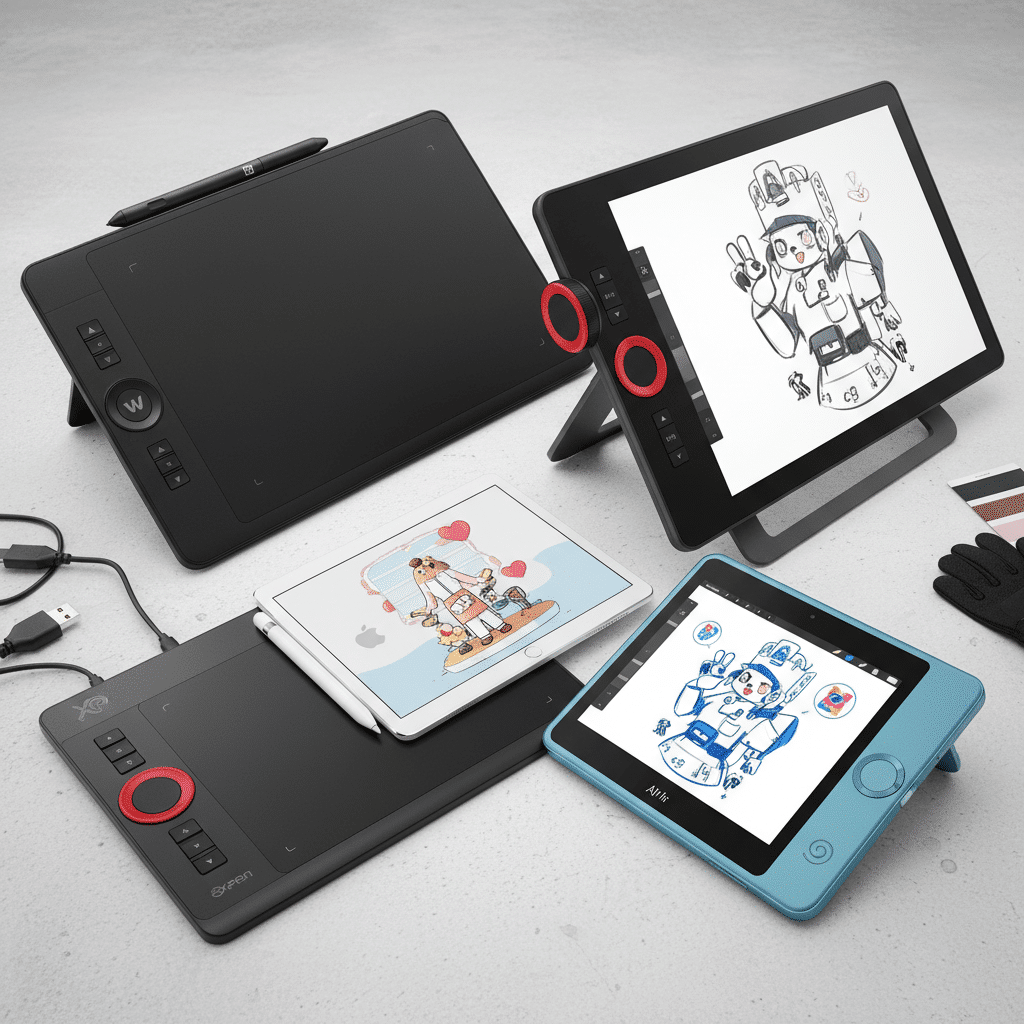 image Various digital drawing tablets and screens on a table, displaying colorful sketches and doodles, featuring stylus pens. | Sky Rye Design Various digital drawing tablets and screens on a table, displaying colorful sketches and doodles, featuring stylus pens.