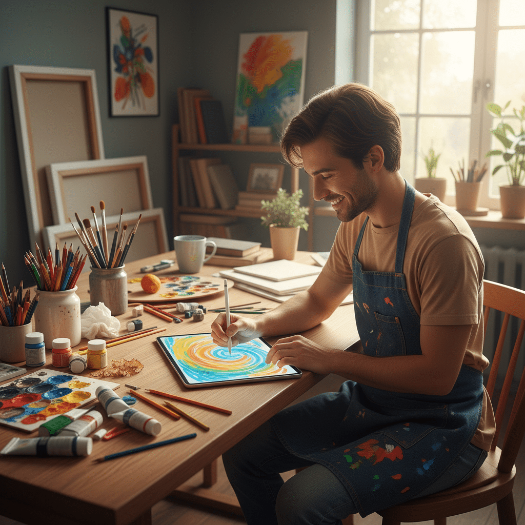 image Artist using digital tablet at a bright studio table, surrounded by paints and sketches, creating colorful artwork with a stylus. | Sky Rye Design Artist using digital tablet at a bright studio table, surrounded by paints and sketches, creating colorful artwork with a stylus.