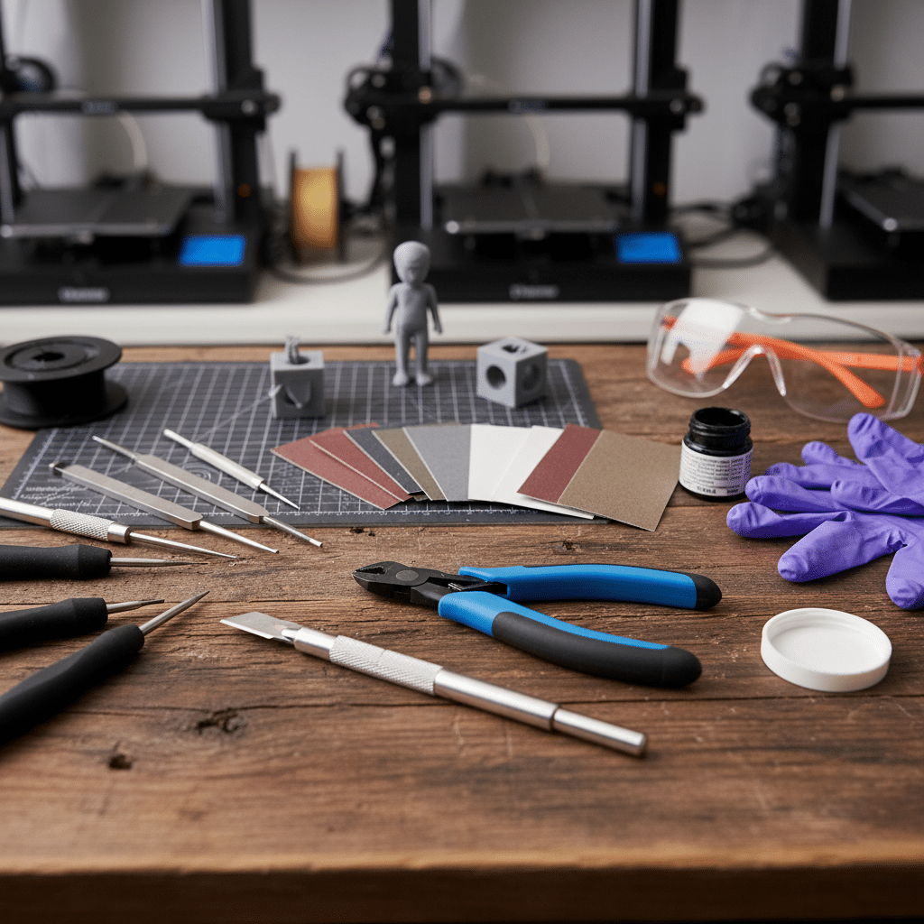 image 3D printing workstation with tools, safety glasses, gloves, and printed models on a wooden table beside 3D printers. | Sky Rye Design 3D printing workstation with tools, safety glasses, gloves, and printed models on a wooden table beside 3D printers.