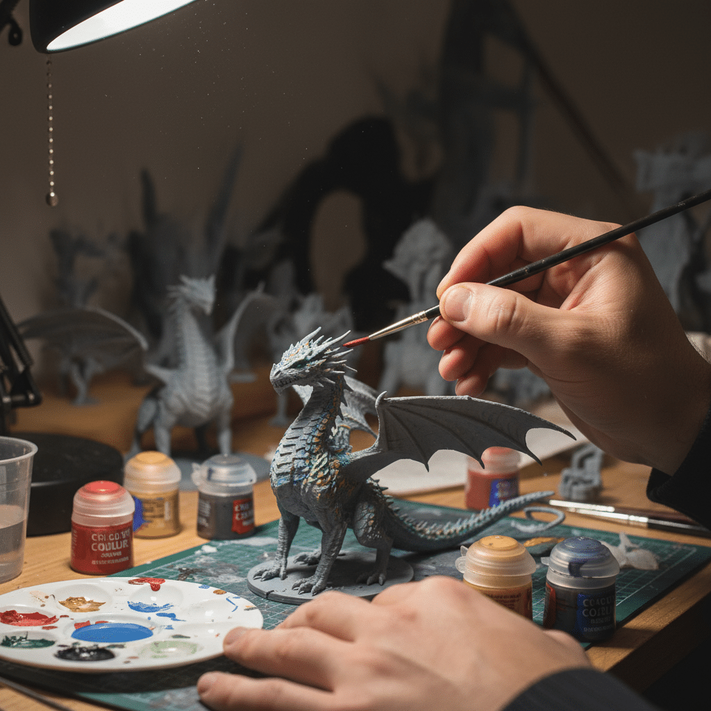 image Person meticulously painting a detailed dragon figurine, surrounded by various paint supplies on a well-lit workspace. | Sky Rye Design Person meticulously painting a detailed dragon figurine, surrounded by various paint supplies on a well-lit workspace.