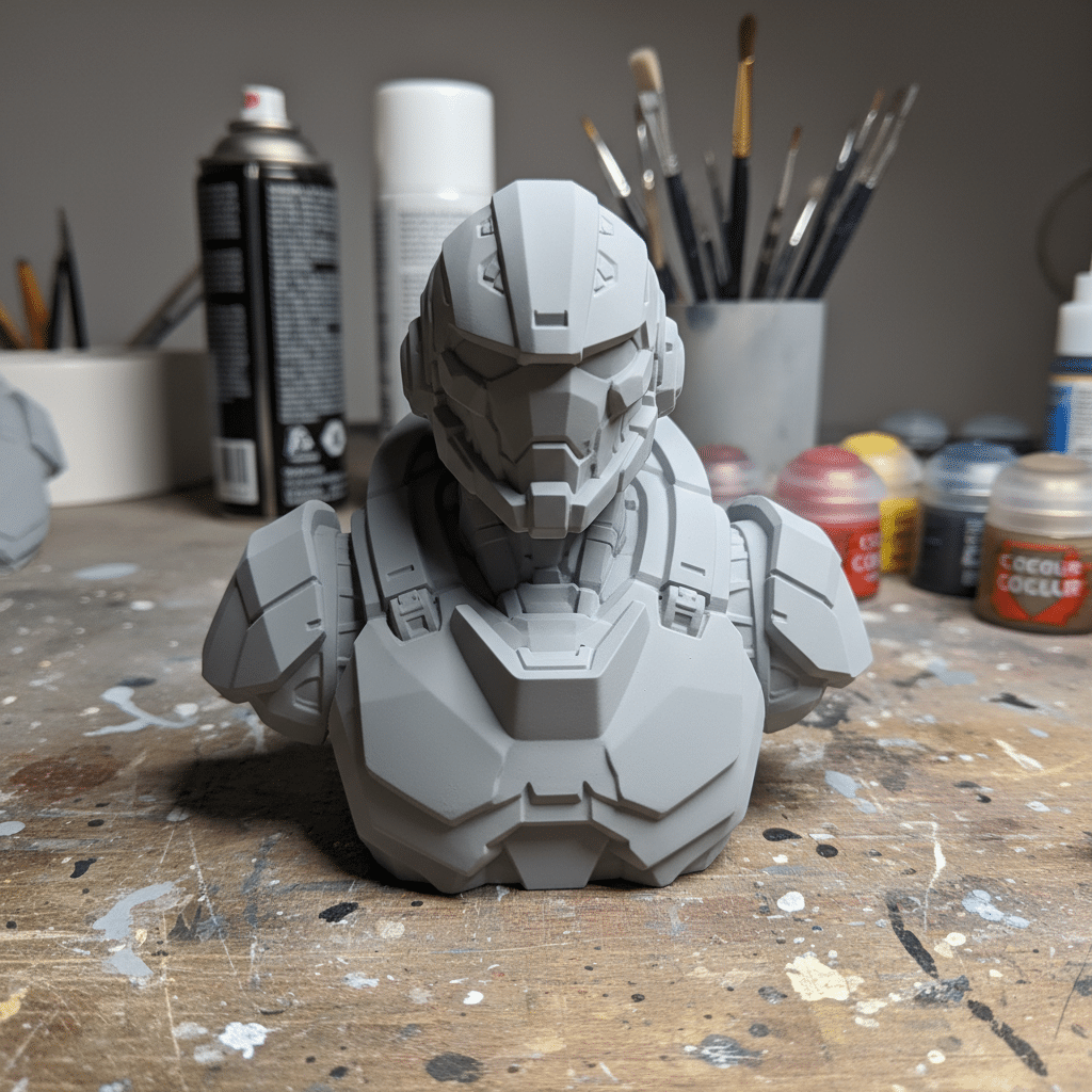 image Futuristic armored bust model on a workshop table, surrounded by paint supplies and brushes, ready for customization. | Sky Rye Design Futuristic armored bust model on a workshop table, surrounded by paint supplies and brushes, ready for customization.