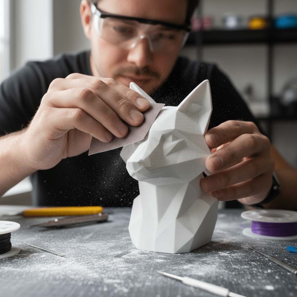 image Person sanding a geometric cat sculpture in a workshop, wearing protective goggles; tools and supplies scattered on the desk. | Sky Rye Design Person sanding a geometric cat sculpture in a workshop, wearing protective goggles; tools and supplies scattered on the desk.