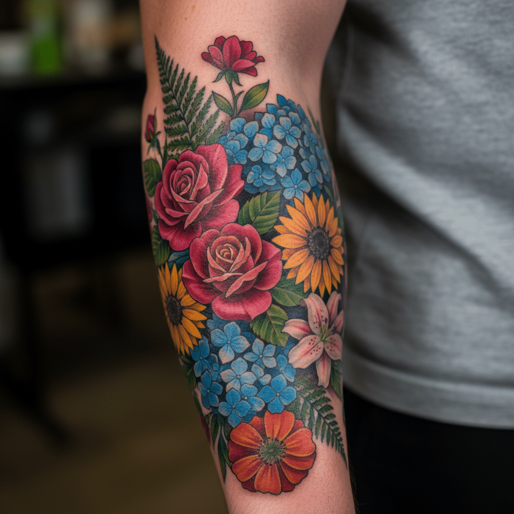 image Vibrant floral tattoo on a forearm featuring roses, sunflowers, hydrangeas, and ferns, showcasing artistic detail and bold colors. | Sky Rye Design Vibrant floral tattoo on a forearm featuring roses, sunflowers, hydrangeas, and ferns, showcasing artistic detail and bold colors.