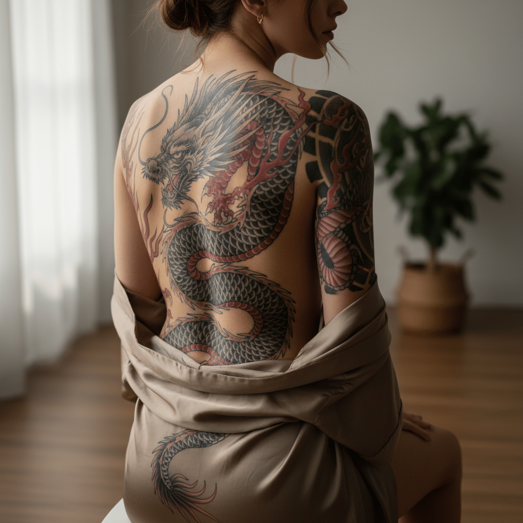 image Woman with detailed dragon tattoo on her back, sitting in a softly lit room, exuding elegance and artistic expression. | Sky Rye Design Woman with detailed dragon tattoo on her back, sitting in a softly lit room, exuding elegance and artistic expression.