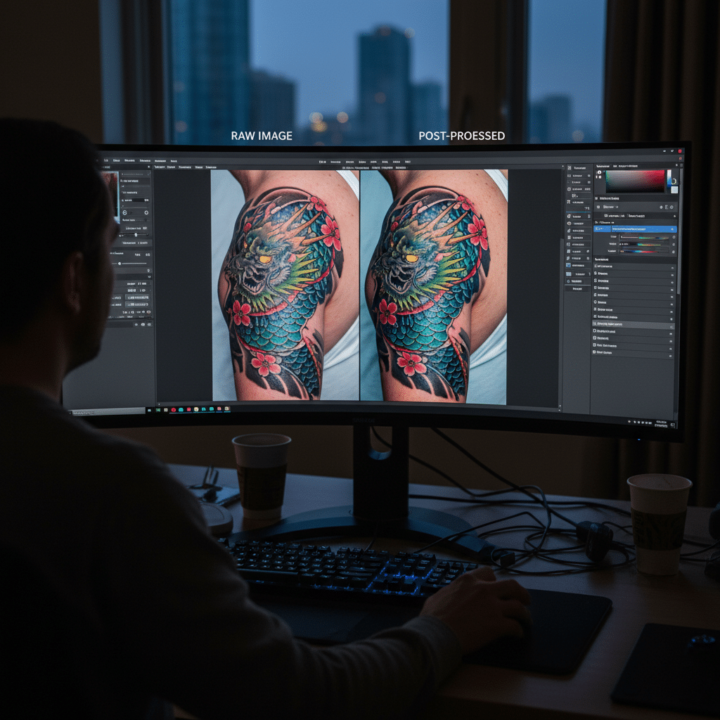 image Person editing tattoo photo on a monitor, showcasing raw and post-processed images for vibrant color enhancement in a software interface. | Sky Rye Design Person editing tattoo photo on a monitor, showcasing raw and post-processed images for vibrant color enhancement in a software interface.