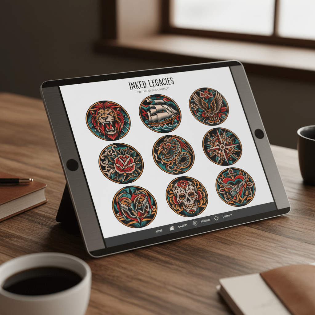 image Tablet displaying tattoo designs on a stand beside a cup of coffee and notebook. Designs feature a lion, ship, rose, eagle, and skull. | Sky Rye Design Tablet displaying tattoo designs on a stand beside a cup of coffee and notebook. Designs feature a lion, ship, rose, eagle, and skull.