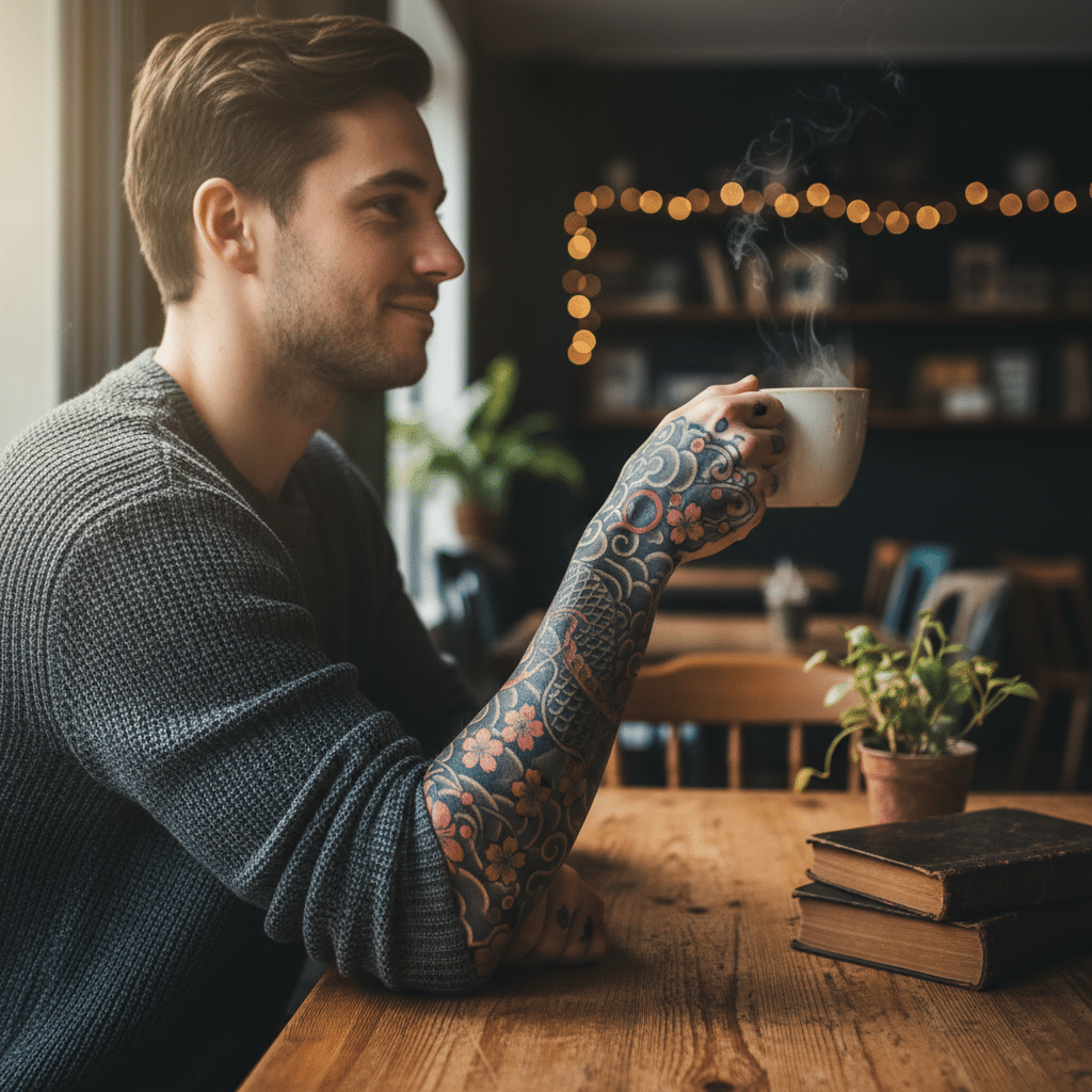 image Man with tattooed arm enjoying coffee at a cozy café table, surrounded by books and plants. Warm and inviting atmosphere. | Sky Rye Design Man with tattooed arm enjoying coffee at a cozy café table, surrounded by books and plants. Warm and inviting atmosphere.