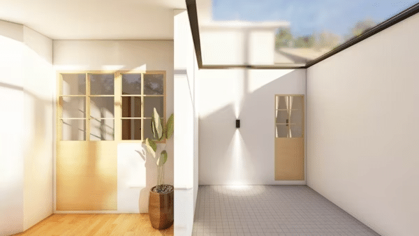 Bright modern interior with wooden doors, large windows, and a potted plant. Features natural light and minimalist design in a sunlit space.