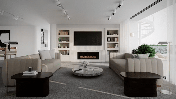 Modern living room with beige sofas, coffee table, fireplace, and large TV. Minimalist design with built-in shelves and natural lighting.