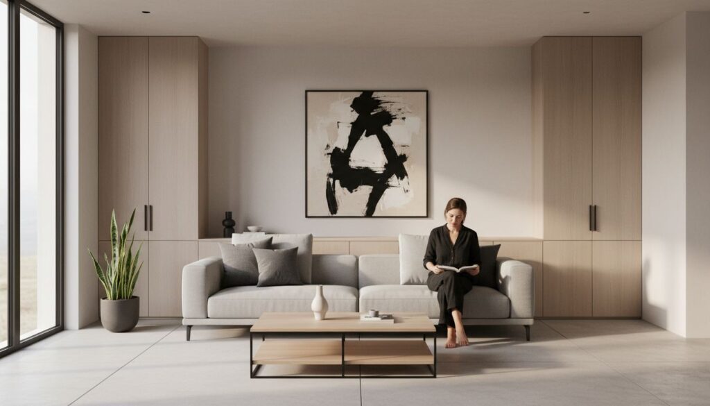 Modern living room with light gray sofa, abstract wall art, woman reading, and natural light from large windows.