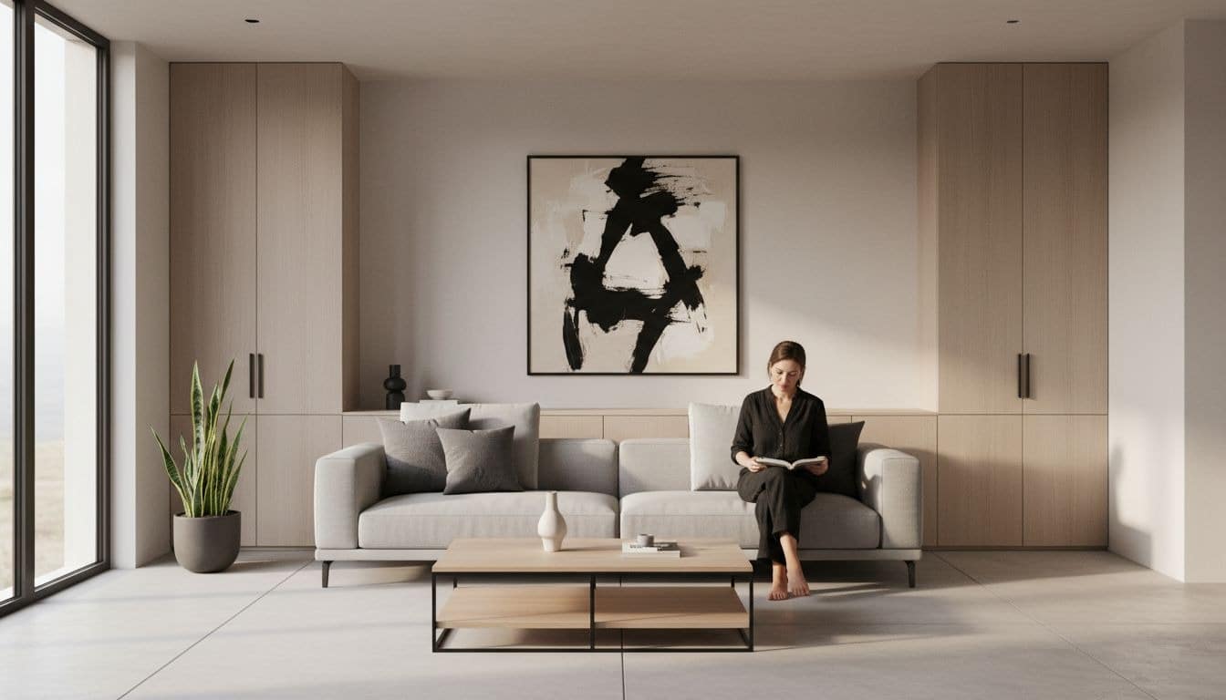 image Modern living room with light gray sofa, abstract wall art, woman reading, and natural light from large windows. | Sky Rye Design Modern living room with light gray sofa, abstract wall art, woman reading, and natural light from large windows.