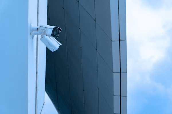Outdoor security camera mounted on modern building exterior, framed by a sleek structure and blue sky background.