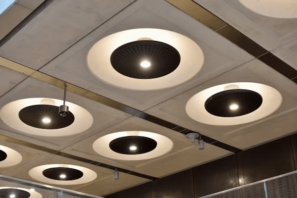 Modern ceiling design with circular recessed lights in geometric panels providing ambient lighting in an architectural interior space.