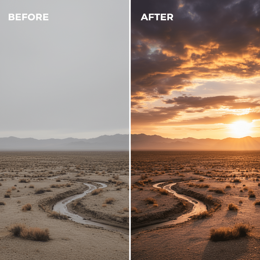 Desert transformation split: Before - dull sky over barren land; After - vibrant sunset illuminating the landscape with winding stream.