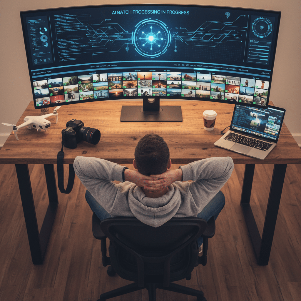 Man relaxes in chair, observing AI batch processing on large curved monitor. Camera, drone, and laptop on wooden desk.