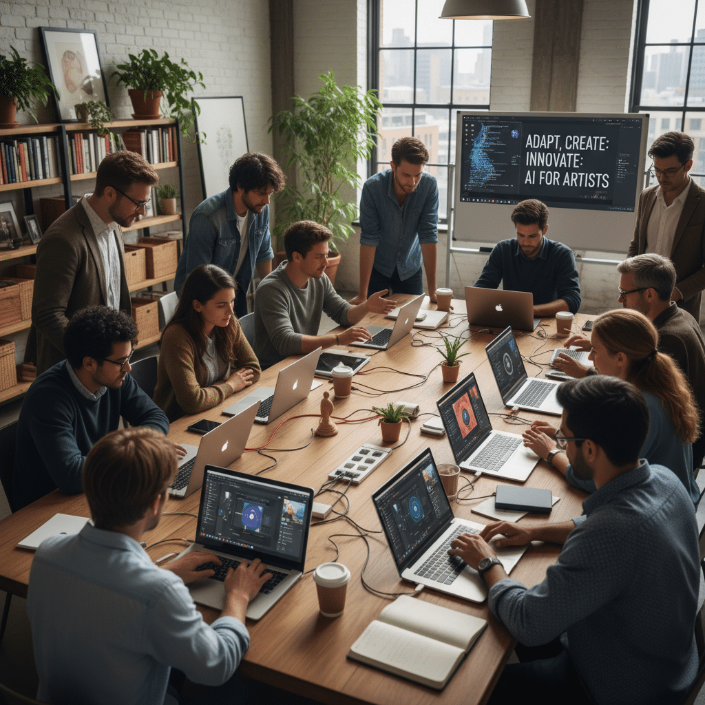 A team of artists collaborates on laptops around a table, using AI tools to create digital art, with a workshop screen in the background.