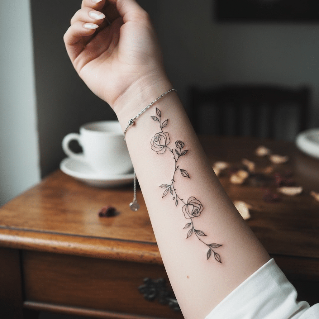 image Delicate rose tattoo on a person's forearm with a bracelet, set against a wooden table with a teacup in the background. | Sky Rye Design Delicate rose tattoo on a person's forearm with a bracelet, set against a wooden table with a teacup in the background.
