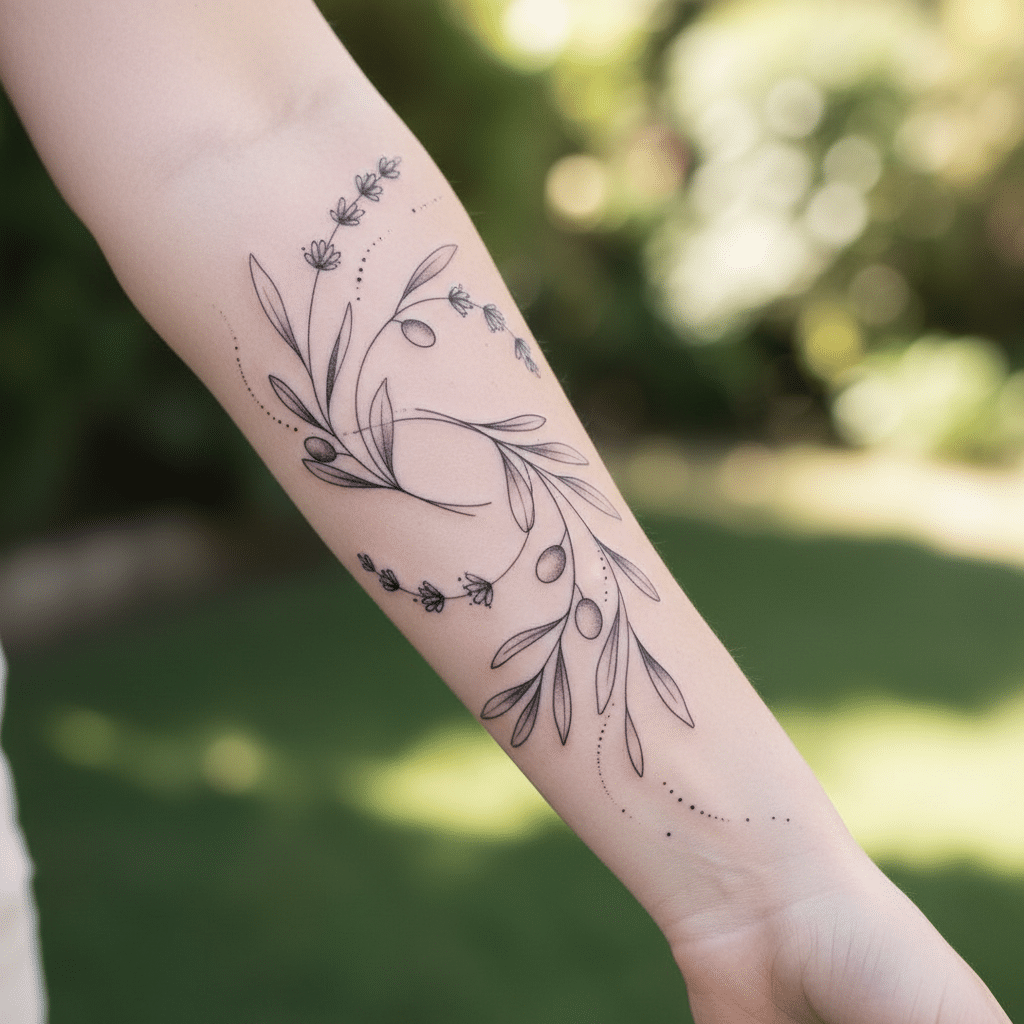 image Minimalist floral tattoo on forearm with delicate olive branch design, set against a blurred natural background. | Sky Rye Design Minimalist floral tattoo on forearm with delicate olive branch design, set against a blurred natural background.