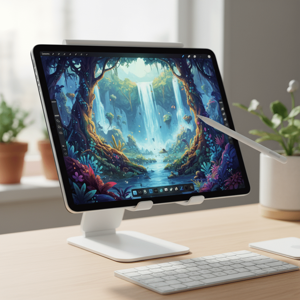 image Tablet on a stand displaying a digital illustration of a vibrant, fantasy forest with waterfall, stylus pointing at screen. | Sky Rye Design Tablet on a stand displaying a digital illustration of a vibrant, fantasy forest with waterfall, stylus pointing at screen.