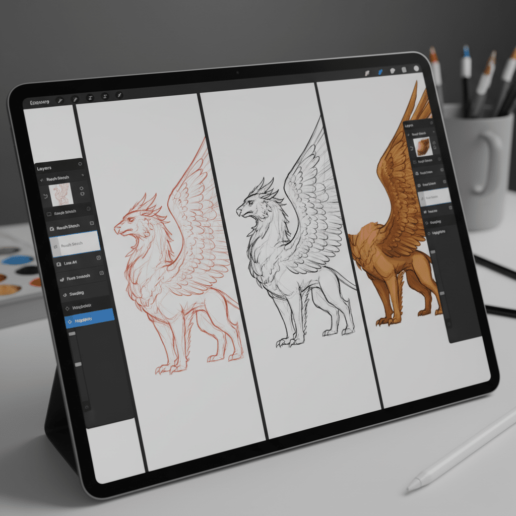 image Tablet displaying digital art of a griffin, showcasing sketch to color process. Digital illustration tools visible. | Sky Rye Design Tablet displaying digital art of a griffin, showcasing sketch to color process. Digital illustration tools visible.