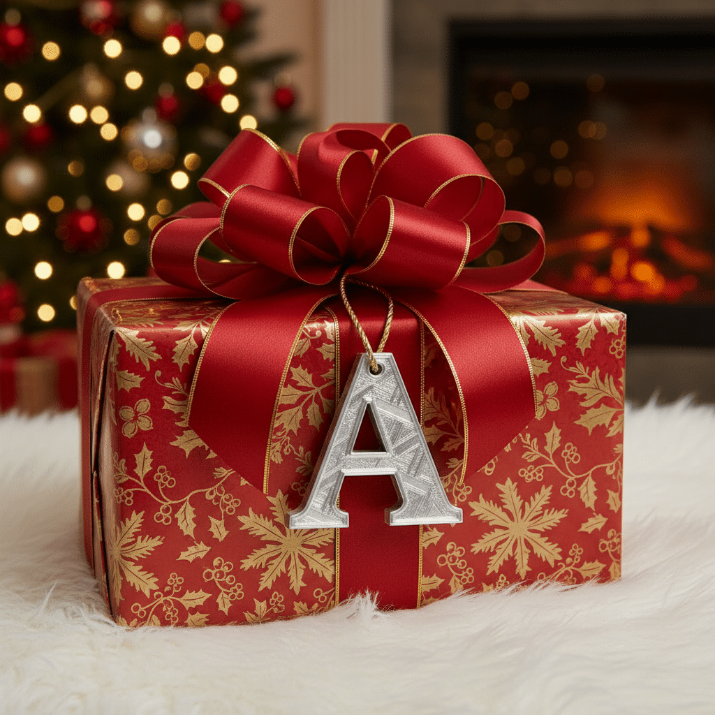 image Red and gold Christmas gift box with ribbon and letter A ornament, sitting near a cozy fireplace and decorated Christmas tree. | Sky Rye Design Red and gold Christmas gift box with ribbon and letter A ornament, sitting near a cozy fireplace and decorated Christmas tree.
